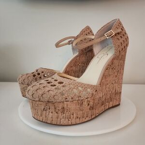 🔥JESSICA SIMPSON Womens Beige 2 CorkWedge Marshela Toe Wedge Heeled Sandal